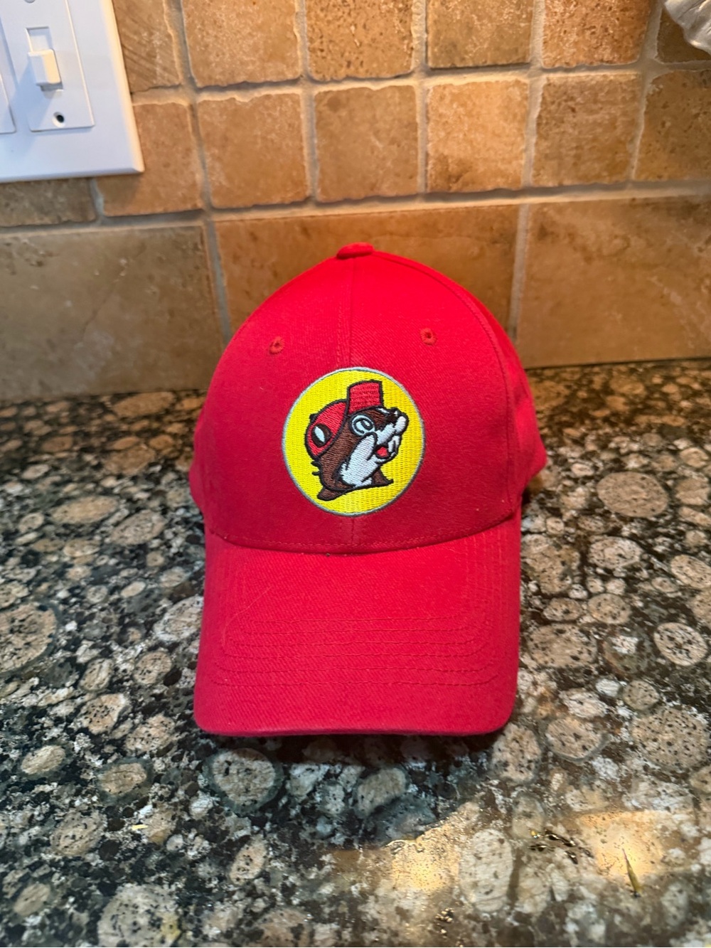 Red men’s BUCKEE’s Baseball Cap with Embroidered Mascot